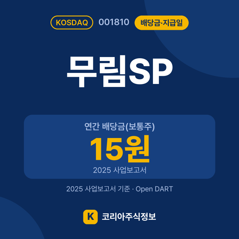 무림SP(001810) 배당금·지급일 요약 카드: 연간 배당금(보통주) 15원, 현금배당수익률 1% - 코리아주식정보