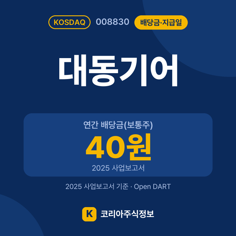 대동기어(008830) 배당금·지급일 요약 카드: 연간 배당금(보통주) 40원, 현금배당수익률 0.2%, 지급 예정일 4.24 - 코리아주식정보