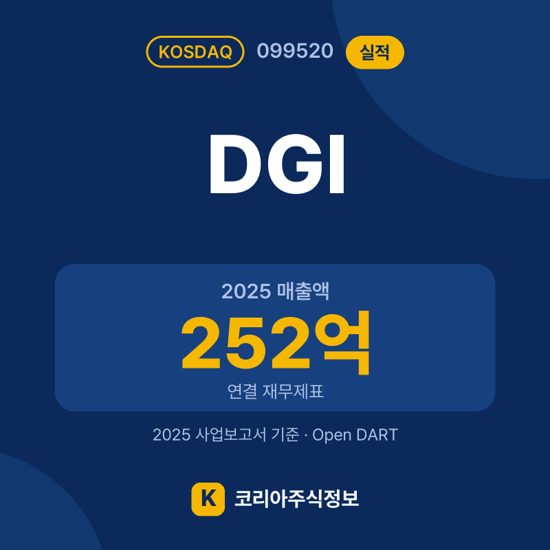 DGI(099520) 실적 요약 카드: 2025 매출액 252억, 2025 영업이익 -33억, 영업이익률 -13.1% - 코리아주식정보