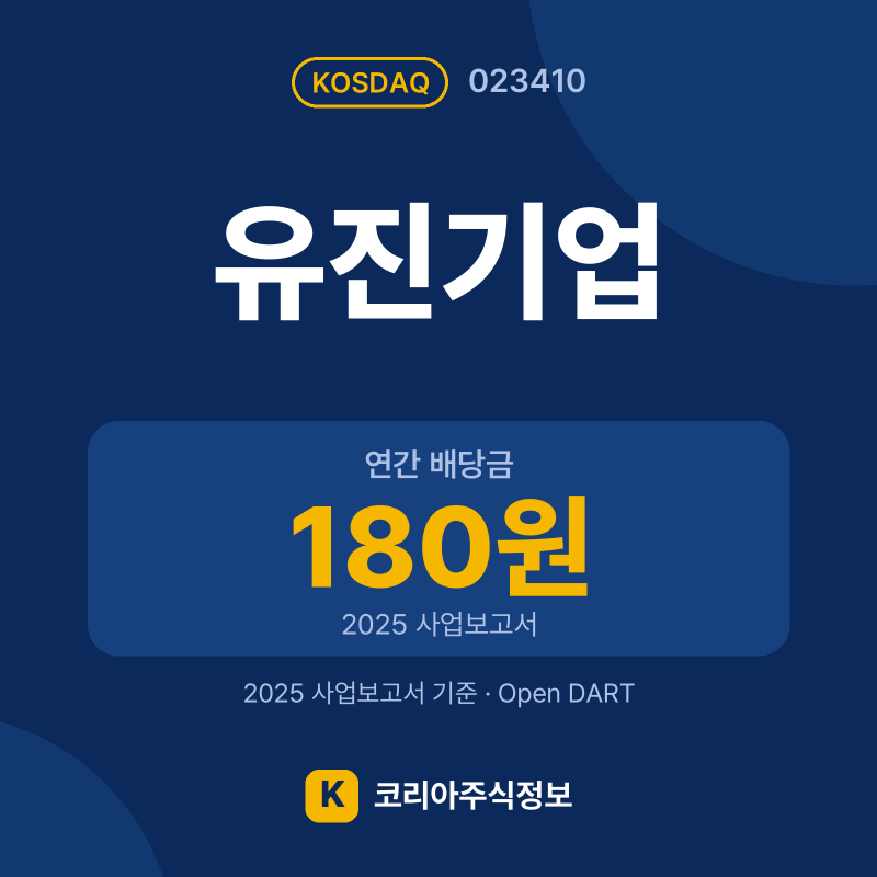 유진기업(023410) 배당금·실적·공시 요약 카드: 연간 배당금 180원, 2025 매출 1.3조, 2025 영업이익 324억 - 코리아주식정보