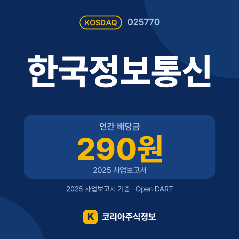 한국정보통신(025770) 배당금·실적·공시 요약 카드: 연간 배당금 290원, 2025 매출 8,363억, 2025 영업이익 452억 - 코리아주식정보