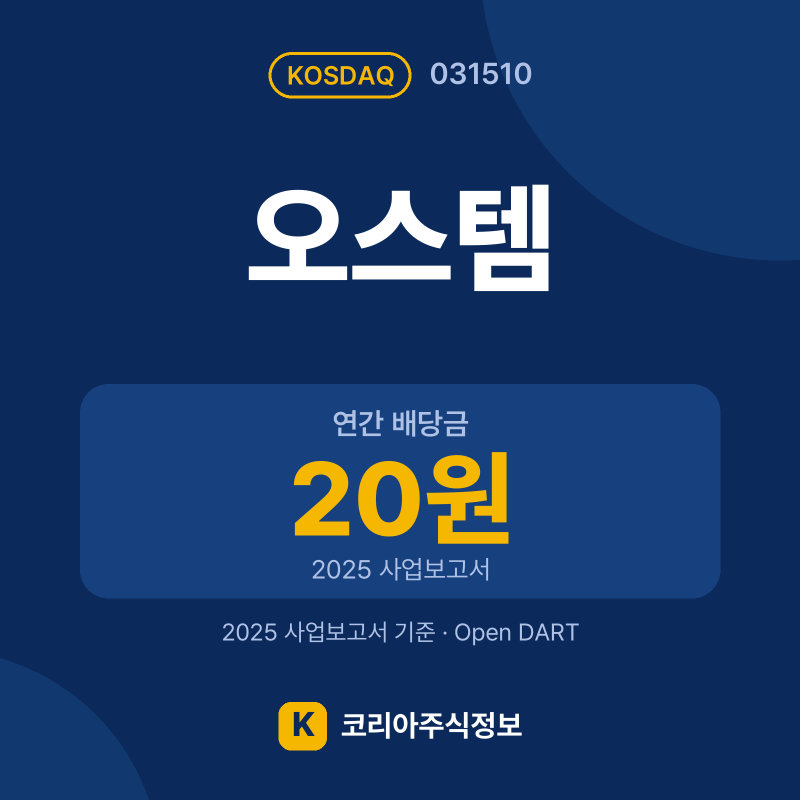 오스템(031510) 배당금·실적·공시 요약 카드: 연간 배당금 20원, 2025 매출 1,285억, 2025 영업이익 41억 - 코리아주식정보